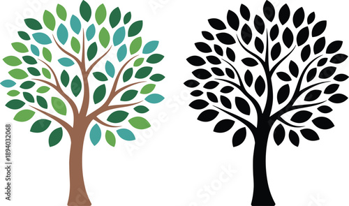 Colorful tree with multicolored leaves beside black silhouette version, stylized nature vector for seasonal, environmental, and graphic design applications