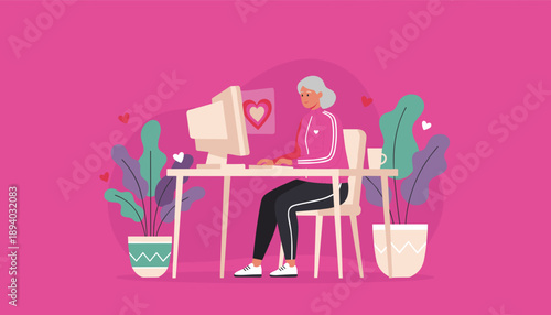 Elderly woman connects online using a desktop computer focusing on digital love and communication