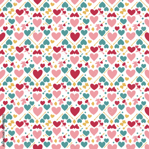 Seamless retro pattern with colorful hearts and Cupid arrows Perfect for wedding love or holiday design