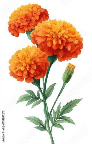 Watercolor illustration of vibrant orange marigold blooms and buds with green foliage