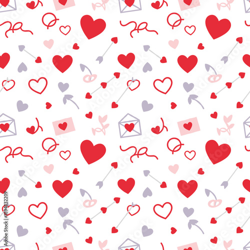 Seamless Valentines Day pattern with red hearts cupid arrows and love letters on a white background