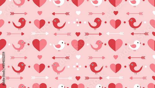 Romantic seamless pattern with cute lovebirds hearts and Cupids arrows Ideal for Valentines Day background