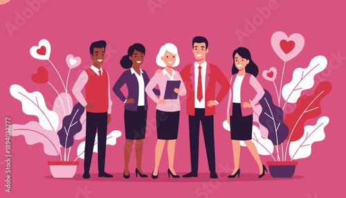 Diverse team of professionals smiling surrounded by heart flowers Business cooperation and love concept