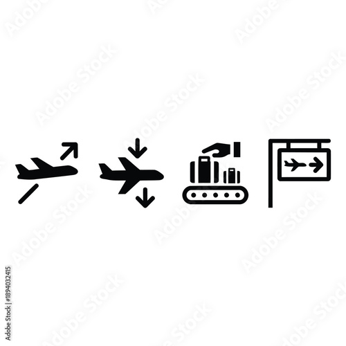 airport silhouette icons, airplane takeoff, landing, baggage claim, gate sign, minimal bold black vector icon pack