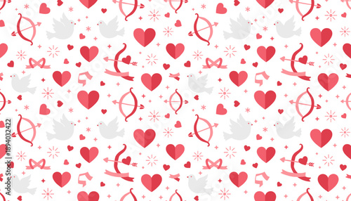 Cute seamless pattern of hearts bows and doves for Valentines Day wedding or love concepts