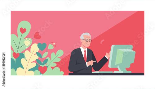 Happy senior businessman points at monitor with hearts digital love illustration