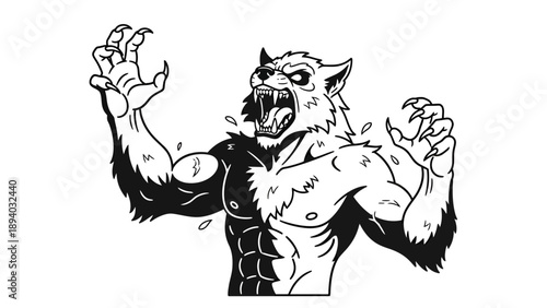 Furious Werewolf Transformation Vector Illustration, Aggressive Monster Howling with Claws Raised, Scary Halloween Creature Graphic for Horror Themes