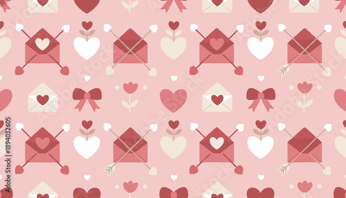 Romantic vector seamless pattern featuring hearts envelopes bows and flowers