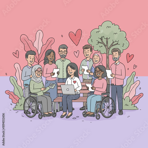 Inclusive diverse group working together outdoors symbolizing community equity and happiness