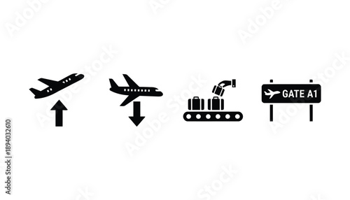airport silhouette icons, airplane takeoff, landing, baggage claim, gate sign, minimal bold black vector icon pack