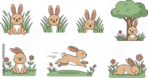 Easter sunday celebration with happy bunnies in a garden on white background