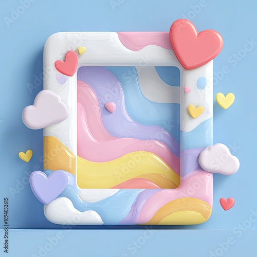 Pastel frame with hearts and clouds, layered colors, whimsical design, blue backdrop
