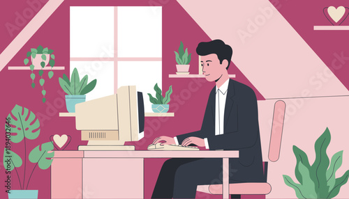 Professional man works on a retro computer in a bright stylish plantfilled attic home office