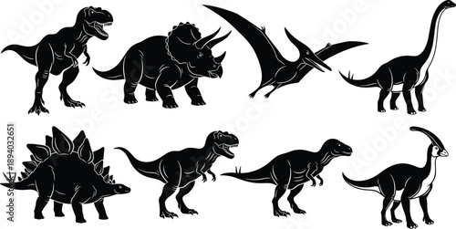 Collection of Eight Black Silhouette Prehistoric Dinosaurs Including T-Rex, Stegosaurus, Triceratops, and Pterodactyl Vector Illustration Isolated on White Background