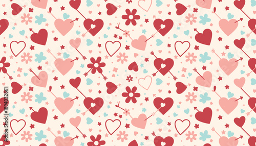Seamless pattern with pink and red Valentines hearts Cupid arrows and flowers Ideal for romantic design