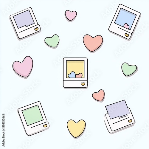 Whimsical illustration of pastel polaroids and hearts scattered on a soft blue background