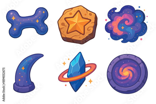 Set of six colorful fantasy game icons with a cosmic theme, featuring a magic bone, star token, nebula cloud, wizard horn, crystal gem, and a swirling galaxy portal