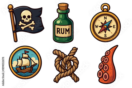 Set of six pirate themed icons including a Jolly Roger flag, a bottle of rum, a compass, a ship, a rope knot, and an octopus tentacle in a cartoon vector style