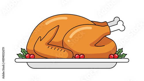 Golden Roasted Turkey with Cranberries and Holly on a Platter, Vector Illustration for Holiday Feast and Thanksgiving Celebration