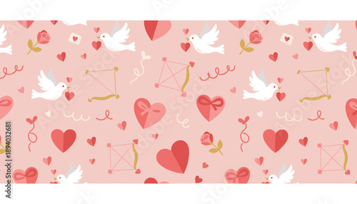 Romantic pink seamless pattern with doves hearts roses and Cupids bows for Valentine design