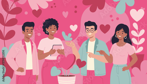 Diverse friends smiling against a vibrant pink background with hearts Love and community concept