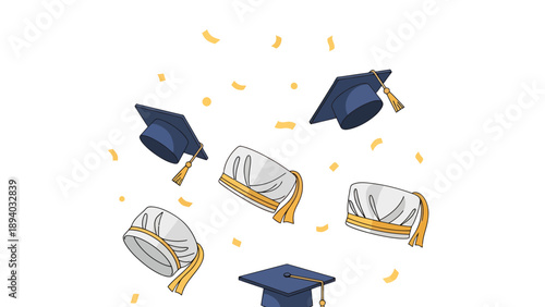 Graduation Caps and Confetti Vector Illustration - Celebration of Academic Achievement and Success