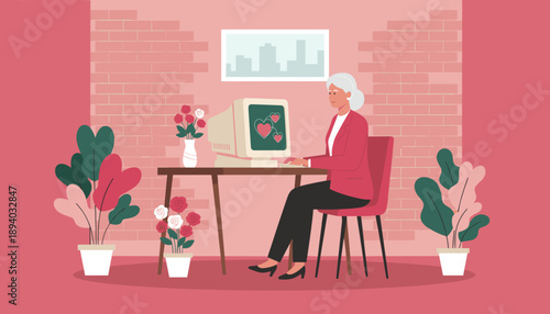 Stylish senior woman uses a vintage computer displaying hearts symbolizing online dating or love