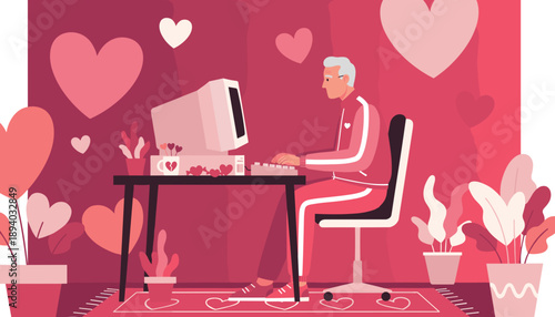 Senior man typing on a retro computer navigating online love and romance in a pink heartfilled room