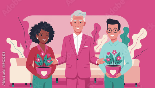 Diverse colleagues and manager holding flowers symbolizing care community and growth in a vibrant office setting