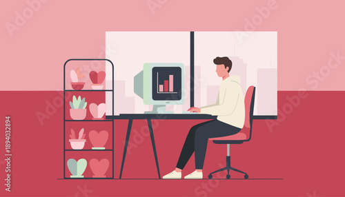 Man working on data analysis using a retro computer in a stylish pinktoned home office workspace