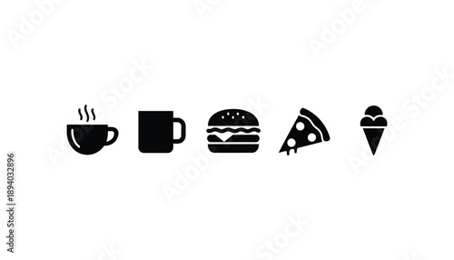 cafe silhouette icons, coffee cup, tea mug, burger, pizza slice, minimal solid black vector icons