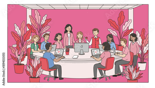 Modern team collaborating in a vibrant pink office meeting room with plants and technology