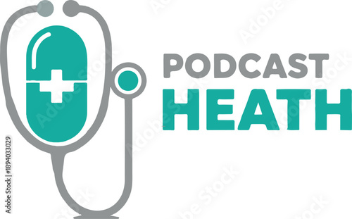 A logo for a health podcast featuring a stethoscope and teal pill with a white cross on a white background
