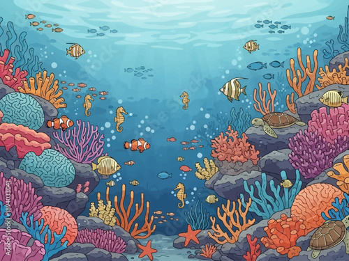 Vibrant Coral Reef with Colorful Fish.