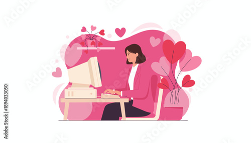 Woman happily working on an old desktop computer surrounded by pink hearts and romantic decorations