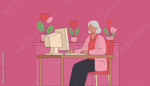 Smiling senior woman working on a desktop computer in a bright pink home office Digital life illustration