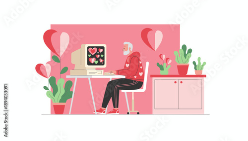 Senior man uses an old computer to find online romance and love Dating app or Valentines Day concept