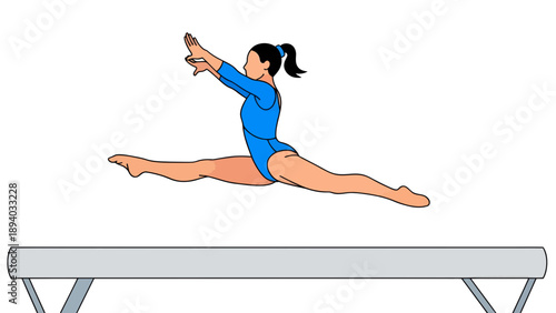 Gymnast performing split leap on balance beam, dynamic action shot, athletic training and competition concept, vector illustration style