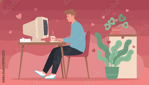 Man typing on a vintage computer surrounded by hearts representing online dating or Valentines connection