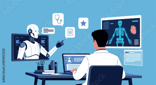 A doctor sitting at a desk interacts with a robot on a computer screen in a modern medical office with various health related graphics and data displayed around him