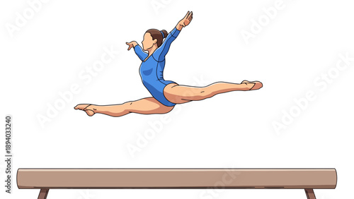 Gymnast performing a split leap on a balance beam, dynamic action shot, sports illustration, fitness and competition concept
