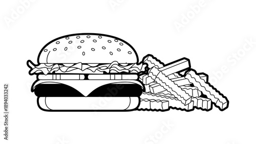 Hamburger and French Fries Vector Illustration, Simple Flat Design, Fast Food Icon for Menus and Websites