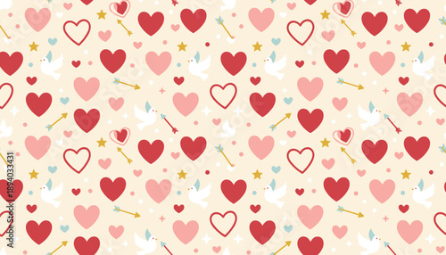 Romantic seamless pattern of pink and red hearts doves and Cupids arrows on a cream background