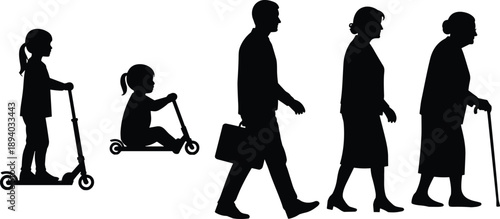 Human life stages silhouette with scooter child, working adult and elderly with cane, aging journey concept isolated on white background