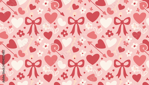 Romantic pink seamless pattern with hearts bows and cupid arrows Perfect for Valentines Day design