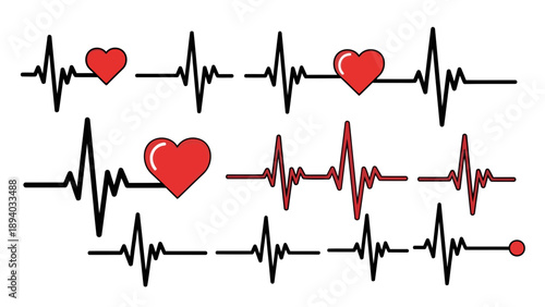 Heartbeat EKG Line with Red Hearts Vector Illustration, Medical Health Care Concept, Cardiology Symbol, Digital Graphic Design