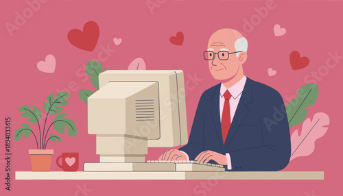 Senior man happily typing on a retro desktop computer symbolizing online dating and digital love