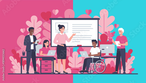 Diverse inclusive business team learning in an office presentation Collaboration and equality concept