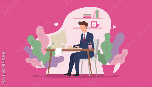 Business professional working remotely at a desk in a colorful plantfilled office illustration