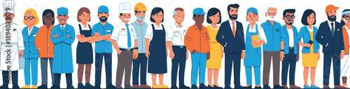 A diverse group of professionals and workers from various industries standing together in a line